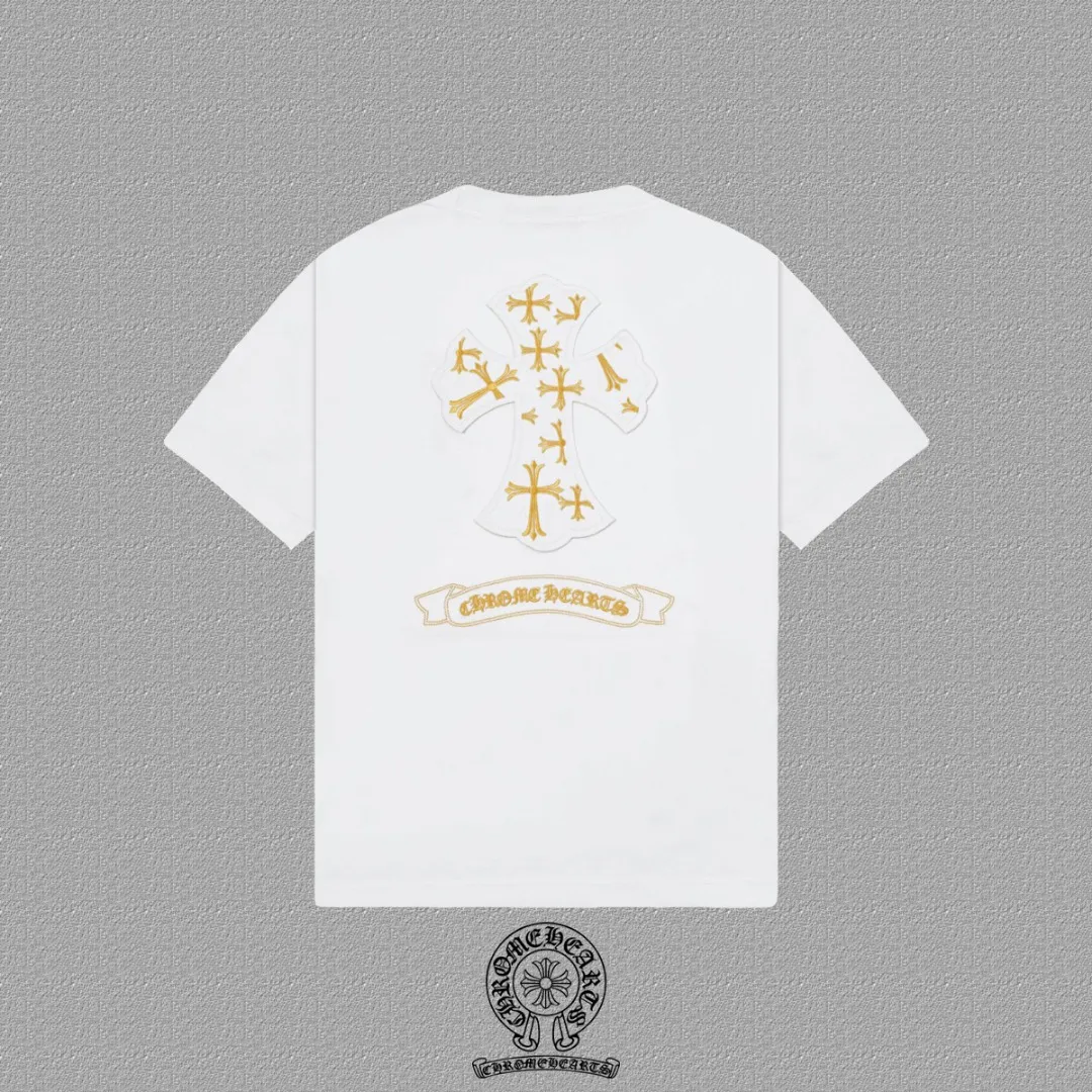 🅿️200 [CH Crow Heart] 2025FW short-sleeved T-shirt, patch embroidery, high-end 26s double yarn 300g fabric, heavy fabric, custom stretcher rib, same cylinder and dye, complete three standards, same style for men and women, color: black, white, size: S M L XL 2XL